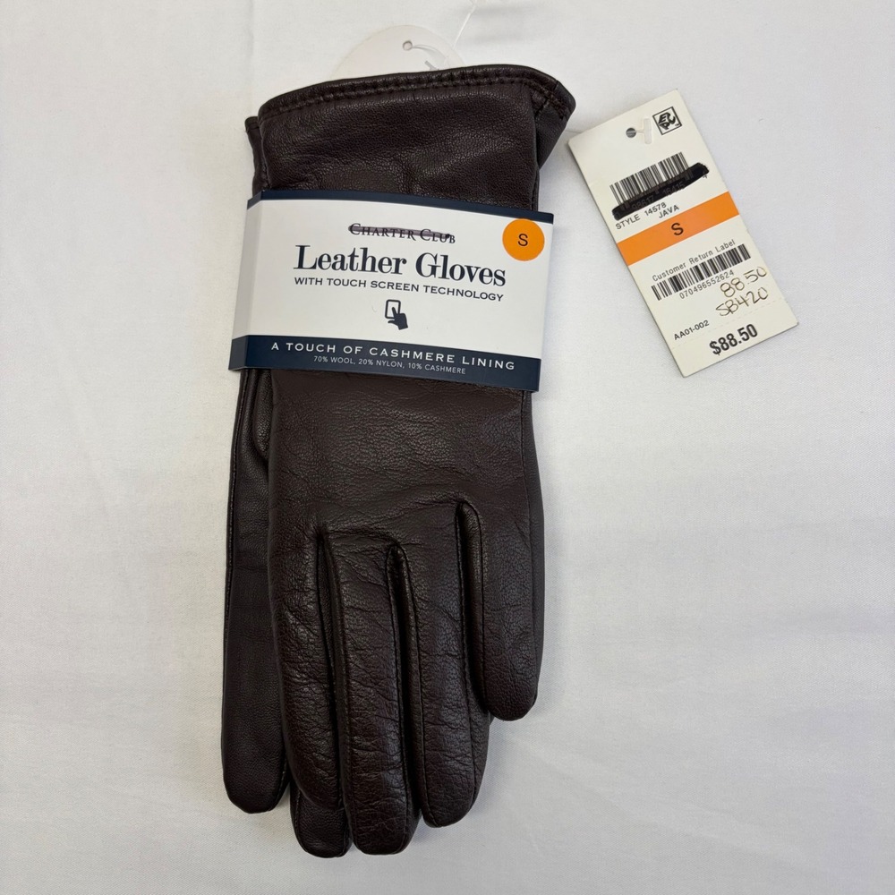 Charter Club Women Touch Screen Real Leather Gloves Size S Brown Cashmere Lining